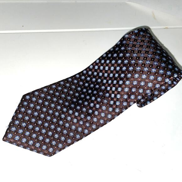 Michael Kors Brown Blue Geometric Pattern 100% Silk Men's Tie - Picture 1 of 6